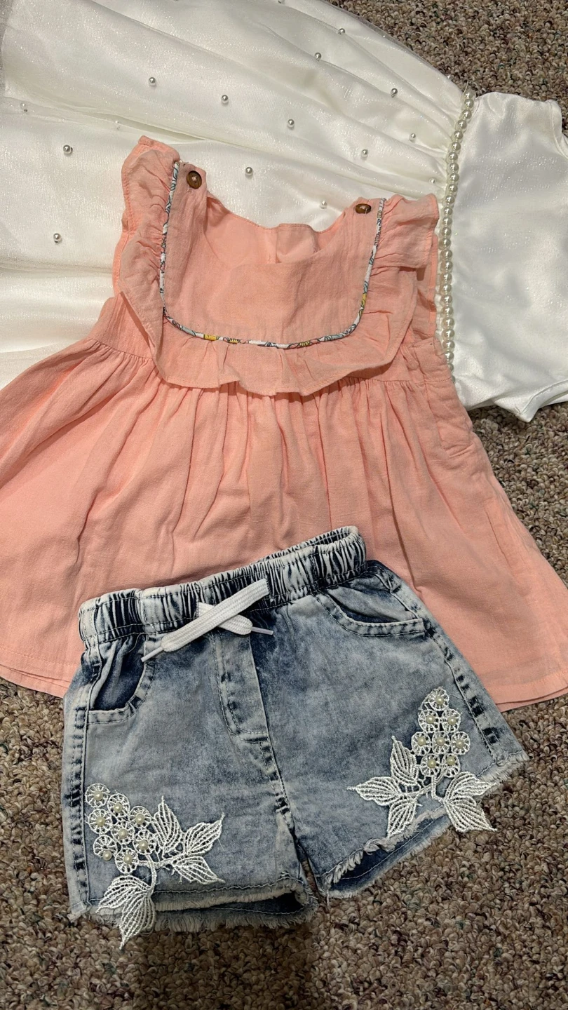 Toddler Girl Peach Dress and Denim Shorts Outfit - photo 2