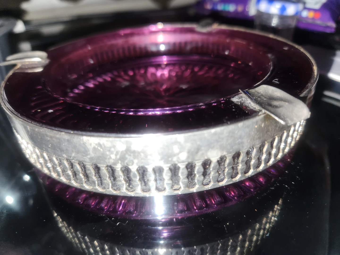 Vintage Purple Glass Ashtray with Silver Rim - photo 2