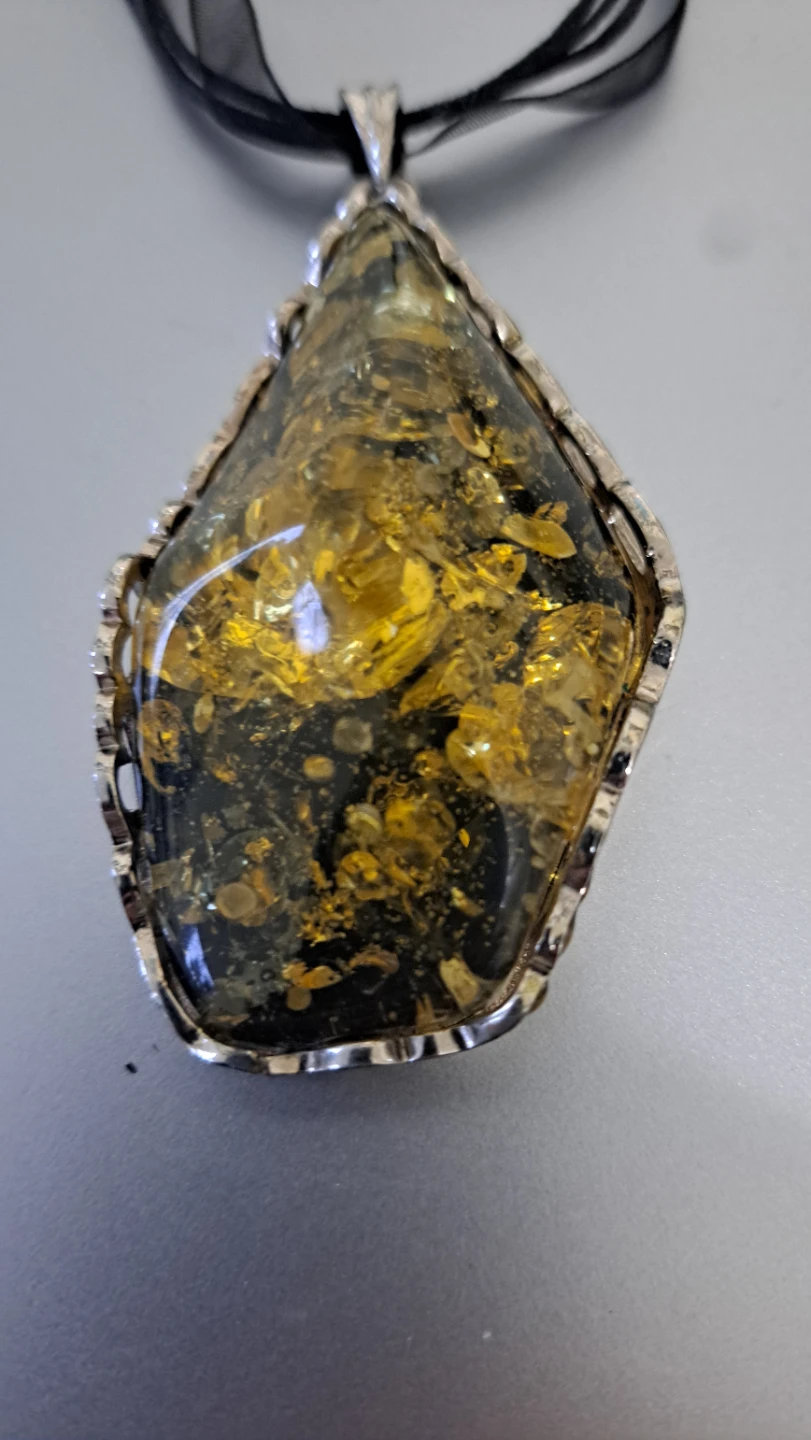 Black Ribbon Necklace with Amber-like Pendant - photo 2