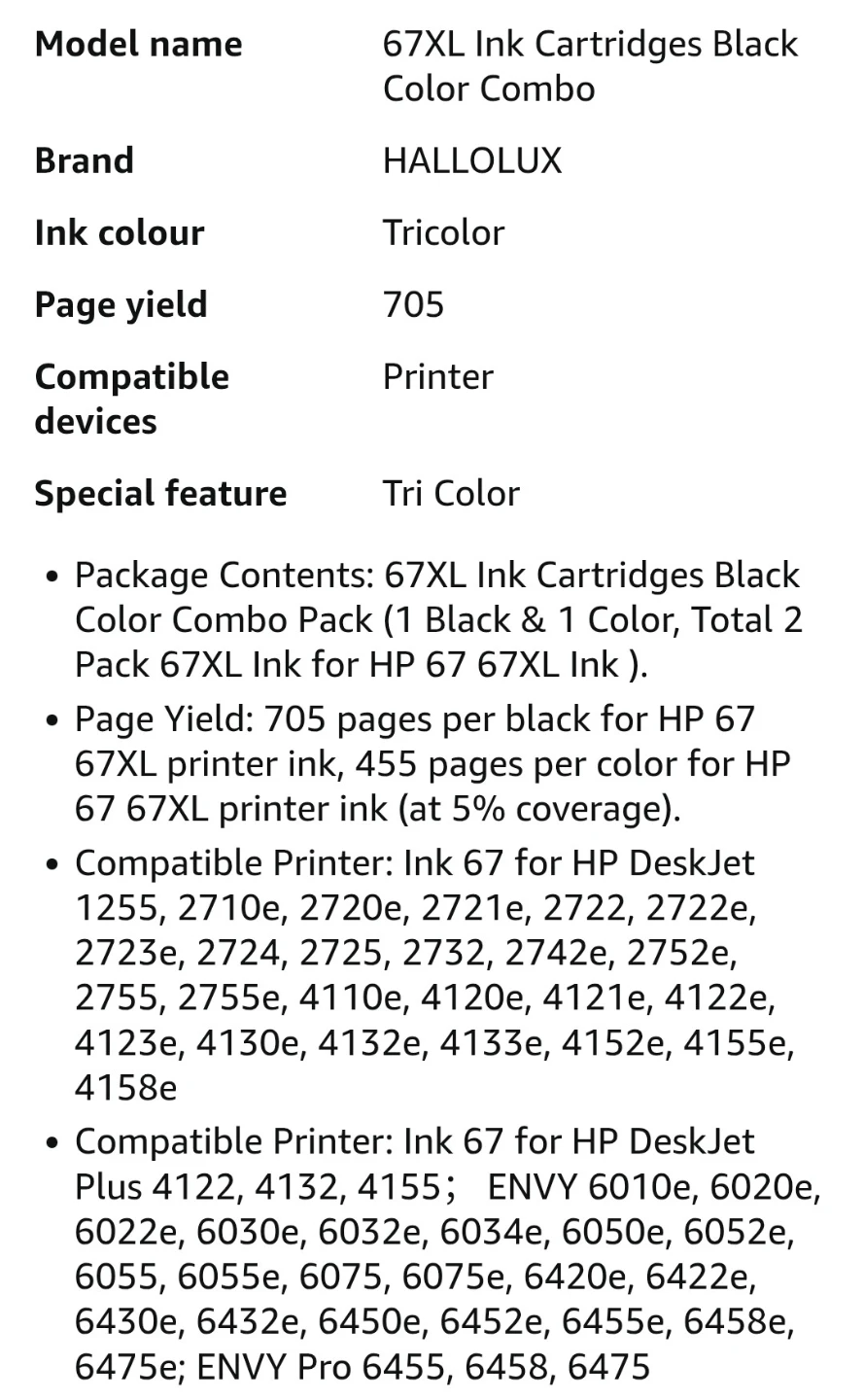 HALLO LUX 67XL Ink Cartridges Black & Color Combo Pack - photo 2