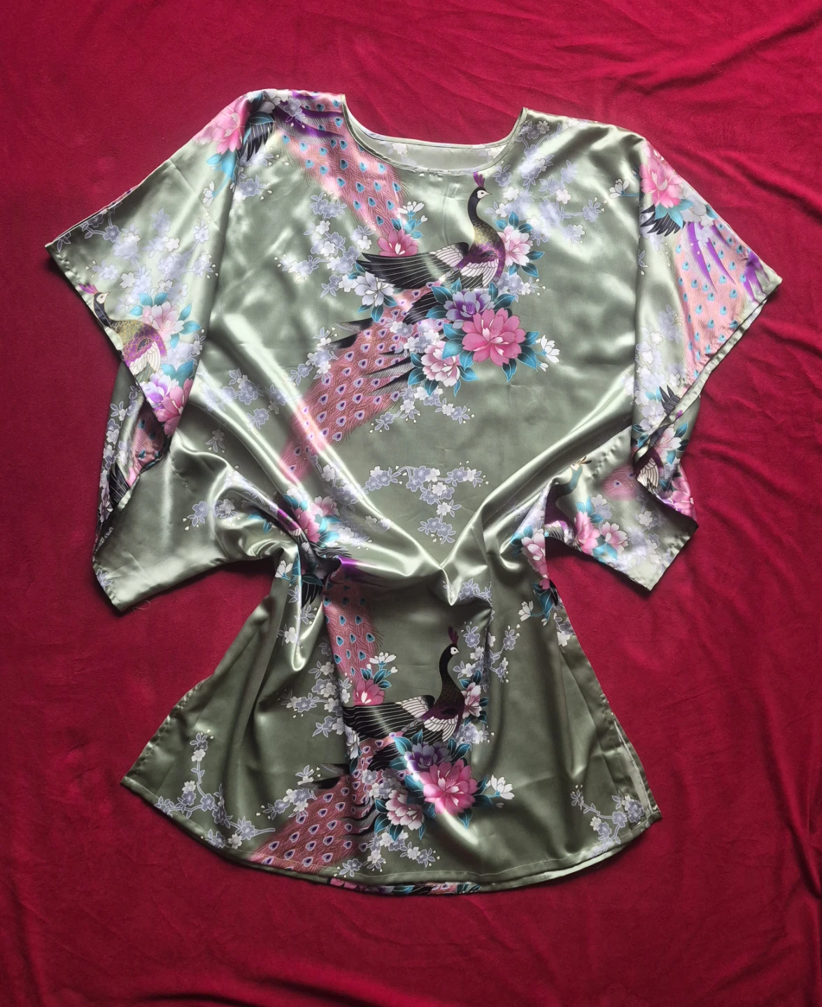 Satin Kimono Top with Peacock Print