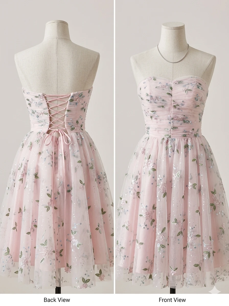 Elegant Strapless Floral Graduation or Party Dress