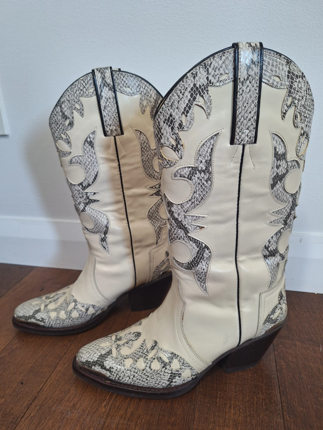 Cream & Grey Snake Embossed Leather Cowboy Boots