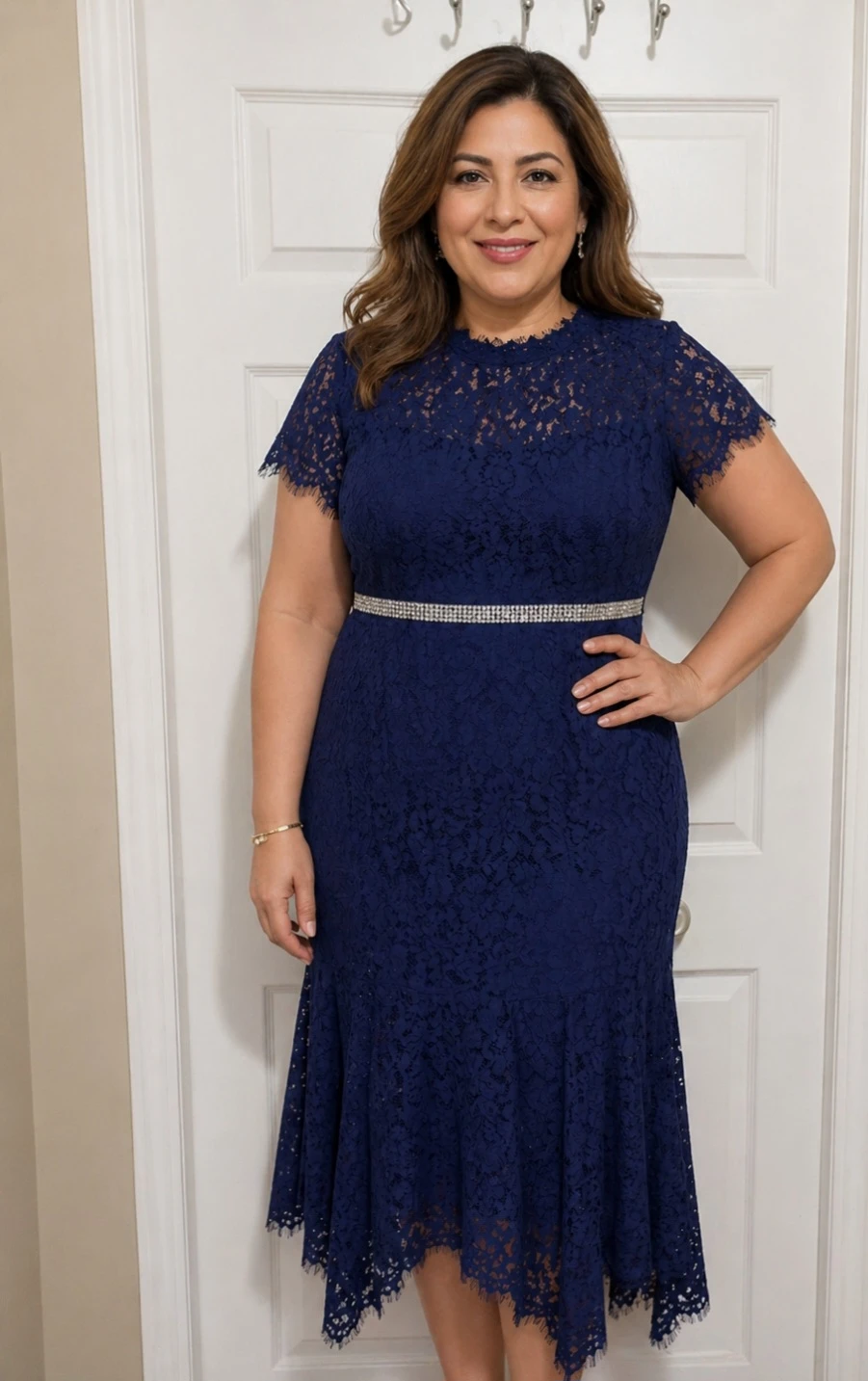 Navy Lace Dress with Sparkly Belt
