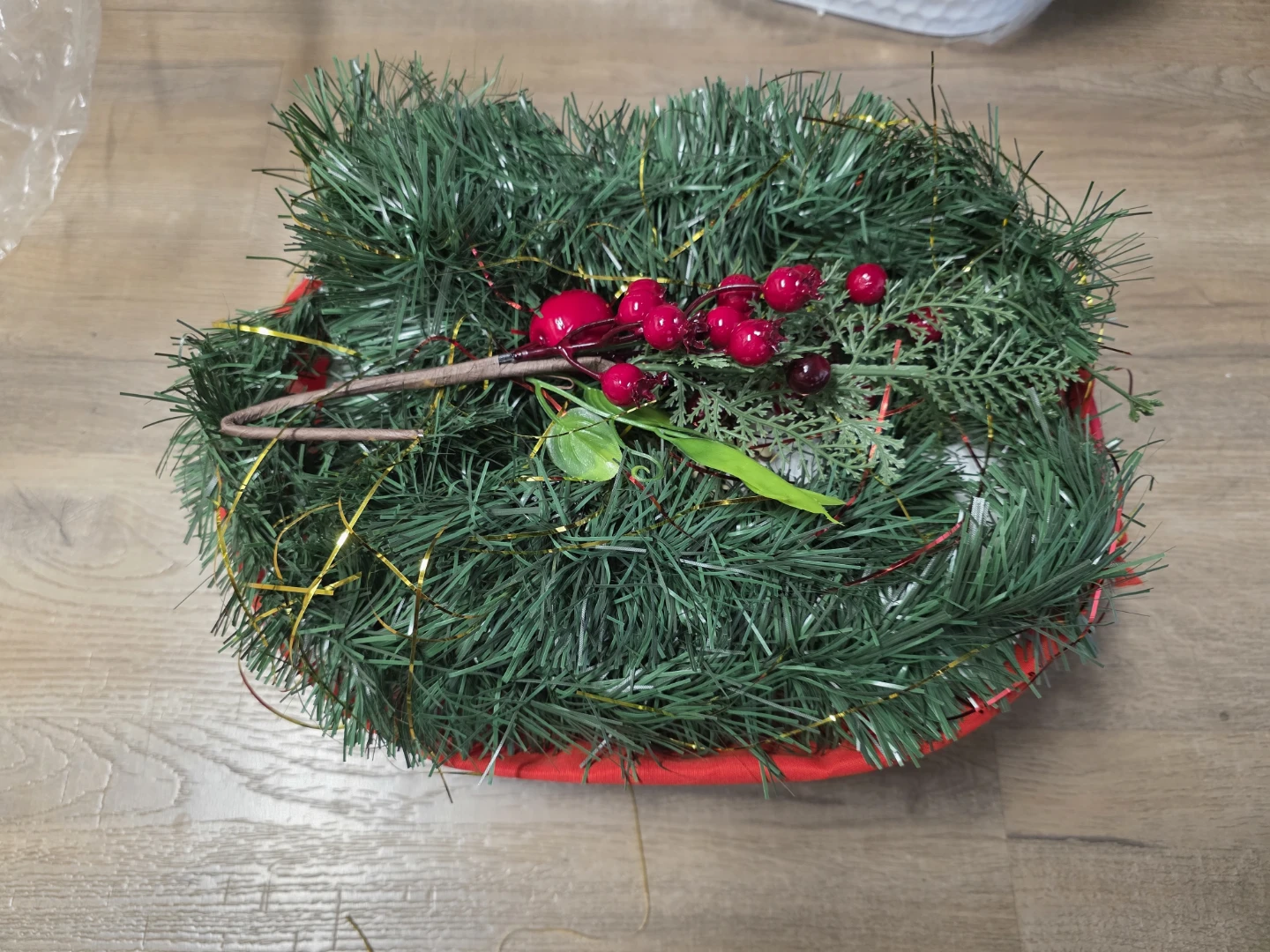 Christmas Wreath Basket with Berries and Greenery