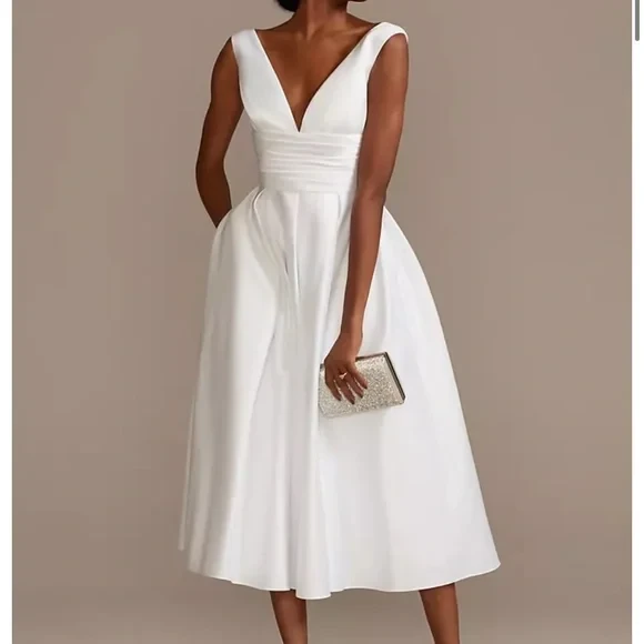 David Bridal's White V-Neck Midi Dress