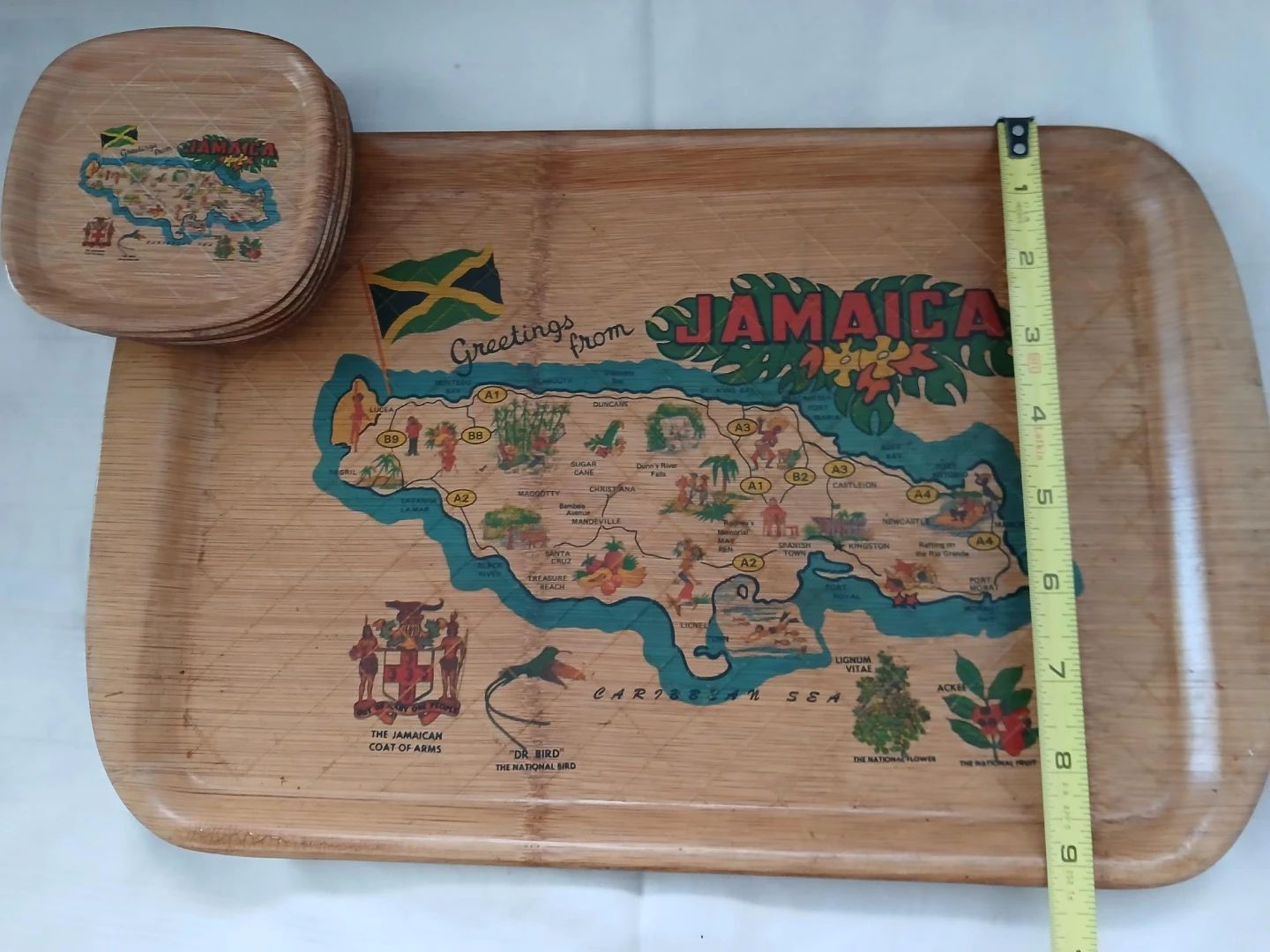 Bamboo Serving Tray w/5 Coasters-Jamaica Map Design. P/up only. - photo 3
