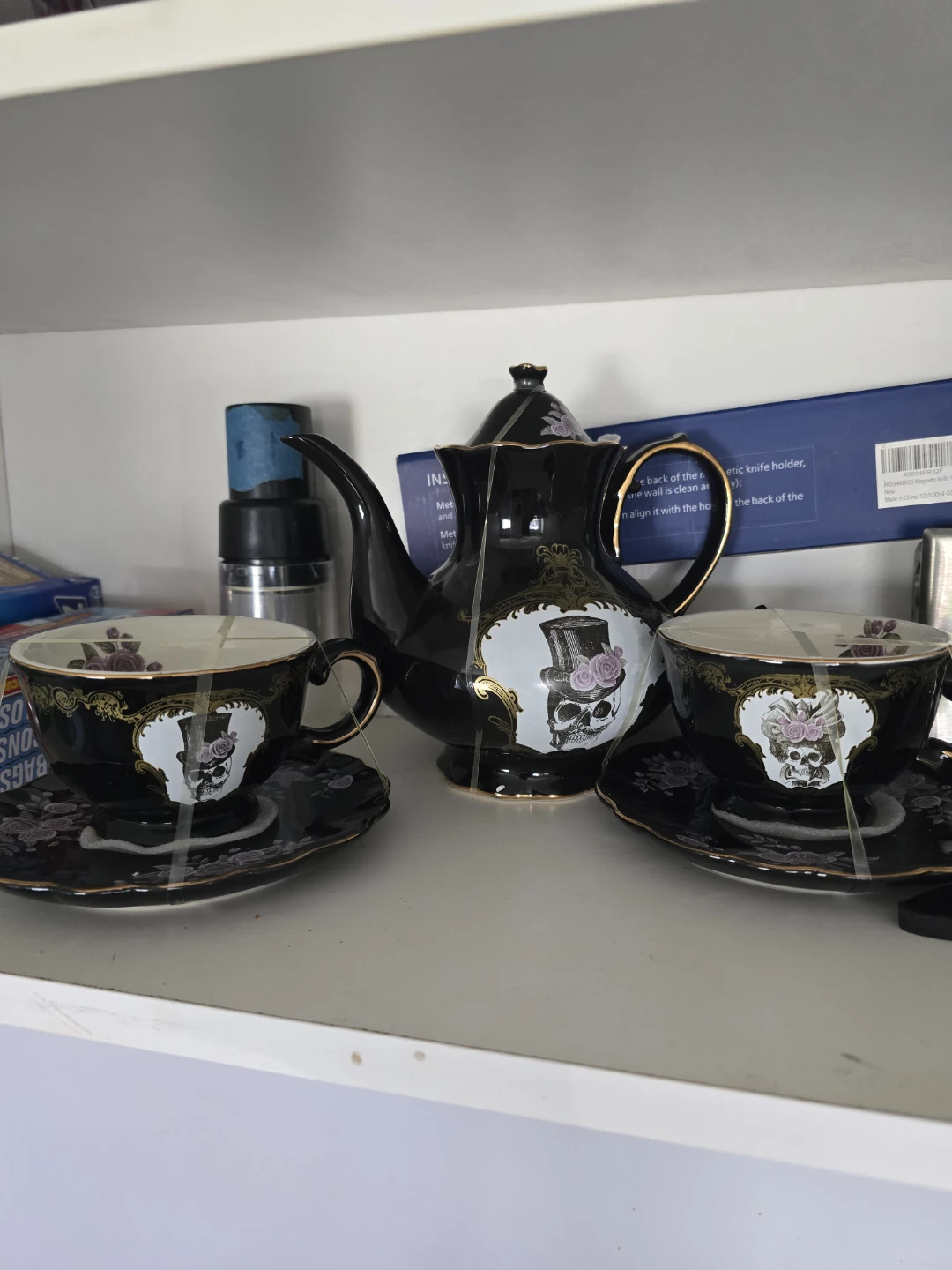 Black Skull Teapot and 2 Cups and Saucers Set