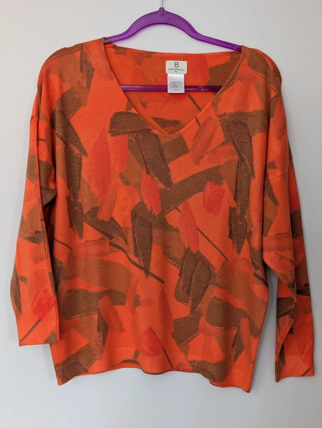 Benedetta.b Italy Orange Brown Abstract Print V-Neck Sweater. SW