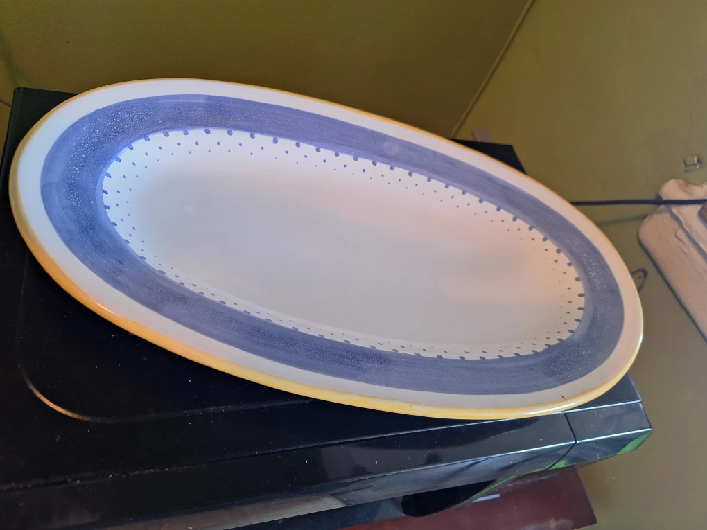Oval Serving Platter with Blue and Yellow Trim