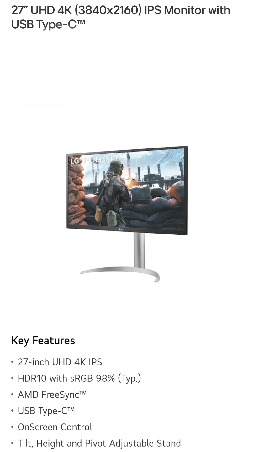 27" LG UHD 4K IPS Monitor with USB Type-C