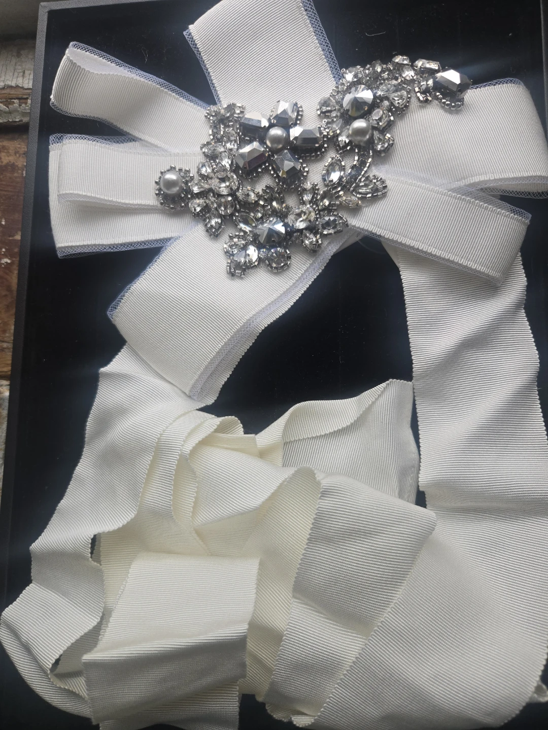 Ivory Ribbon Sash with Rhinestone Embellishment