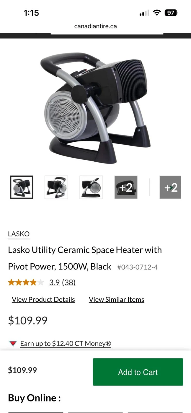 Lasko Utility Ceramic Space Heater 1500W Black