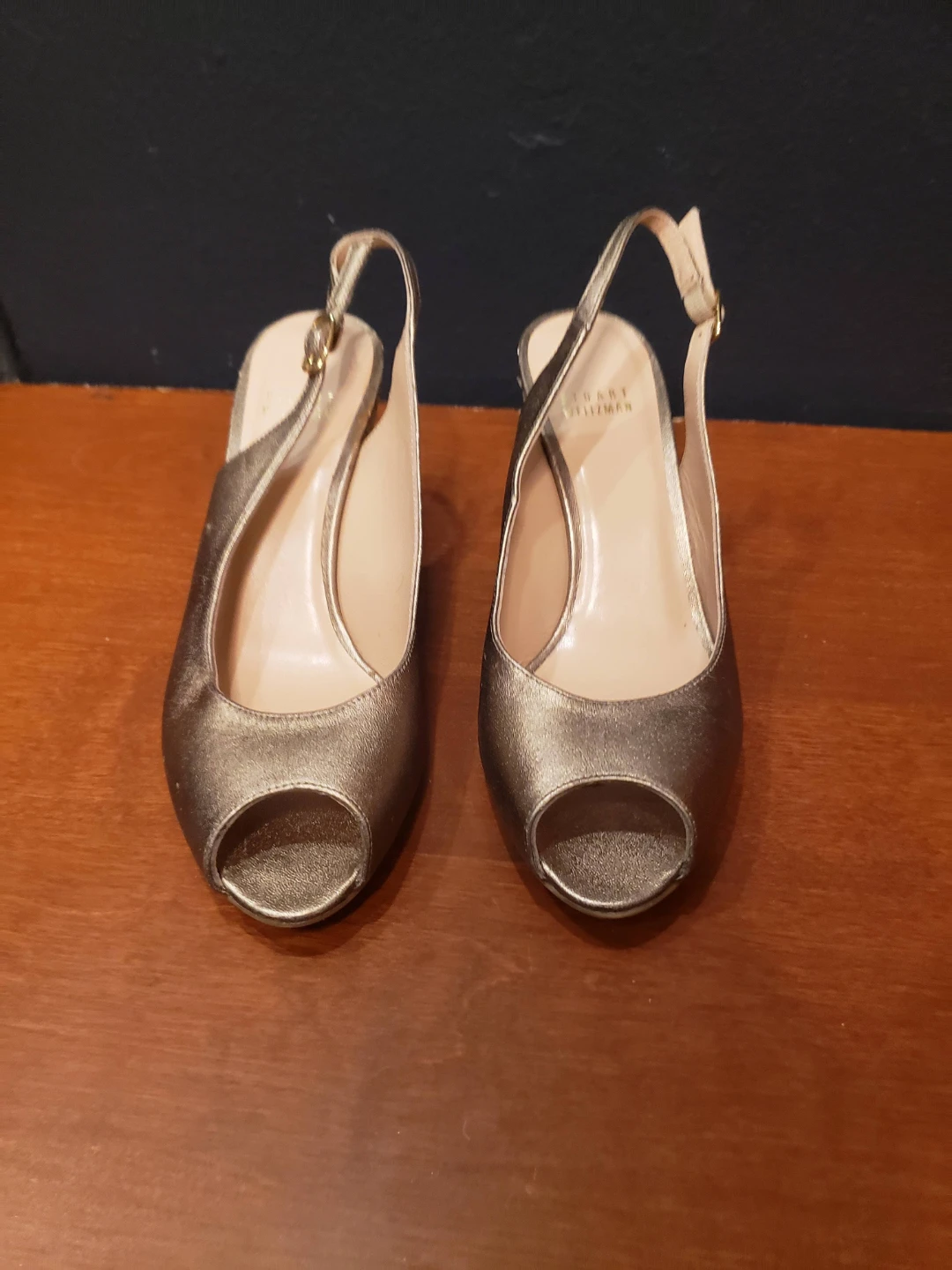 Stuart Weitzman Bronze Peep-Toe Wedge Sandals
