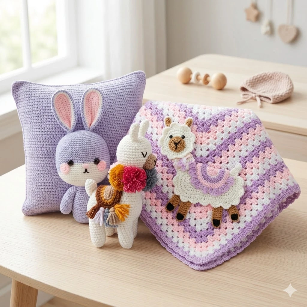 Handmade Crochet Bunny Pillow and Llama Blanket Set