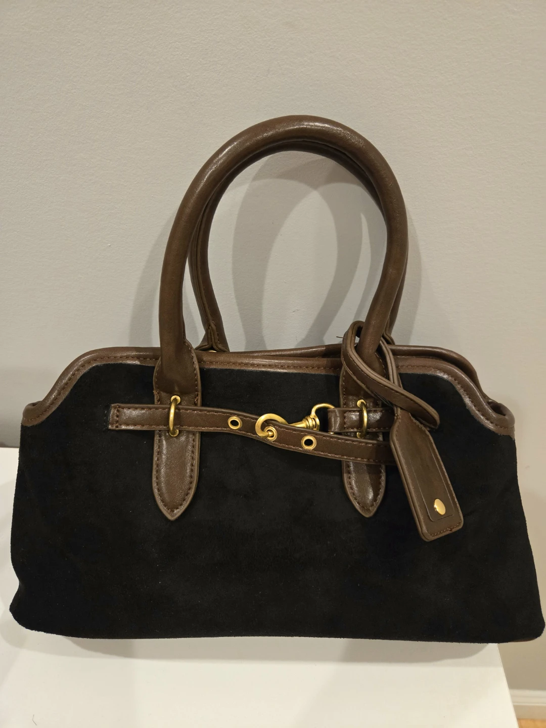 Suede and Leather Satchel Handbag