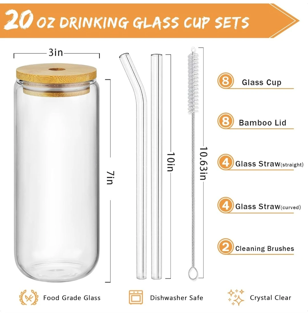 8-Piece 20 oz Glass Tumbler Set with Bamboo Lids and Straws - photo 4