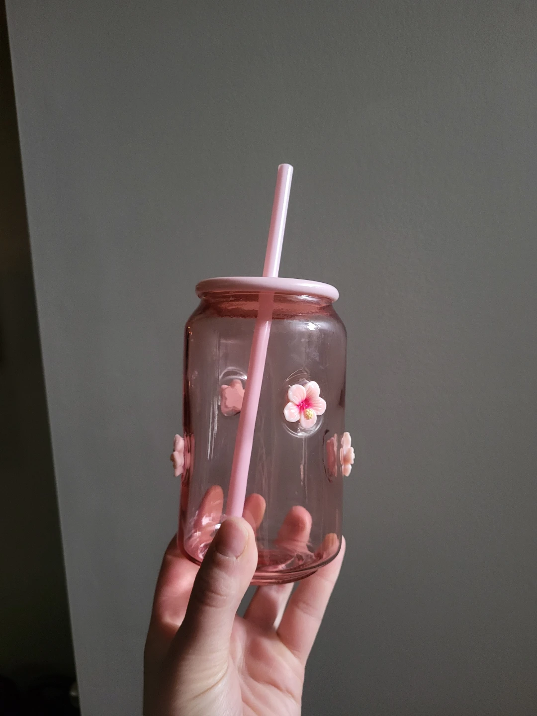 Pink Glass Tumbler with Flower