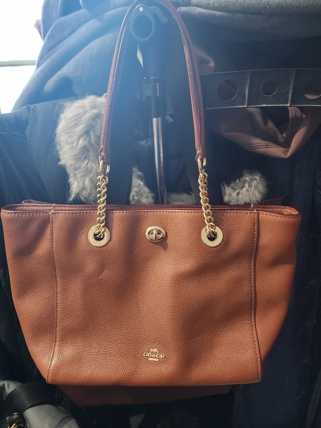 Coach Turnlock Gold Chain Saddle Brown Leather Shoulder Tote Bag