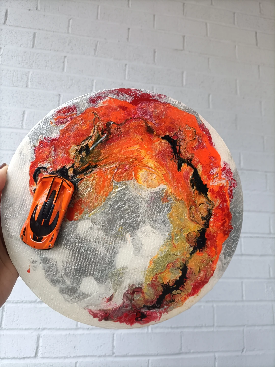 Round Art Piece with Orange Toy Car with resin coating - photo 3