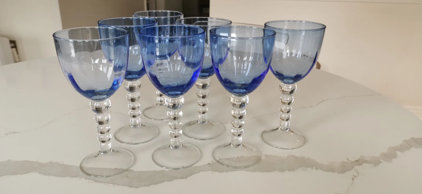 Set of 7 Blue Glass Goblets