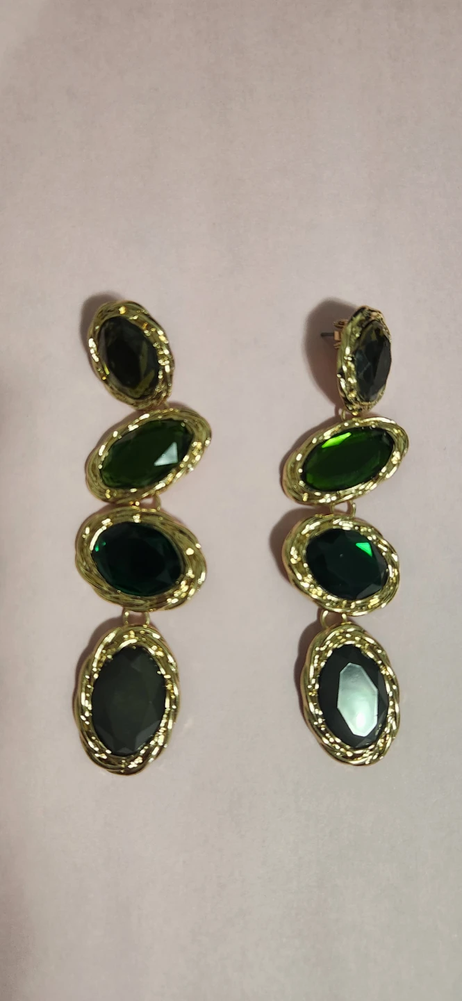 #4 Long gold earrings with green cabochon