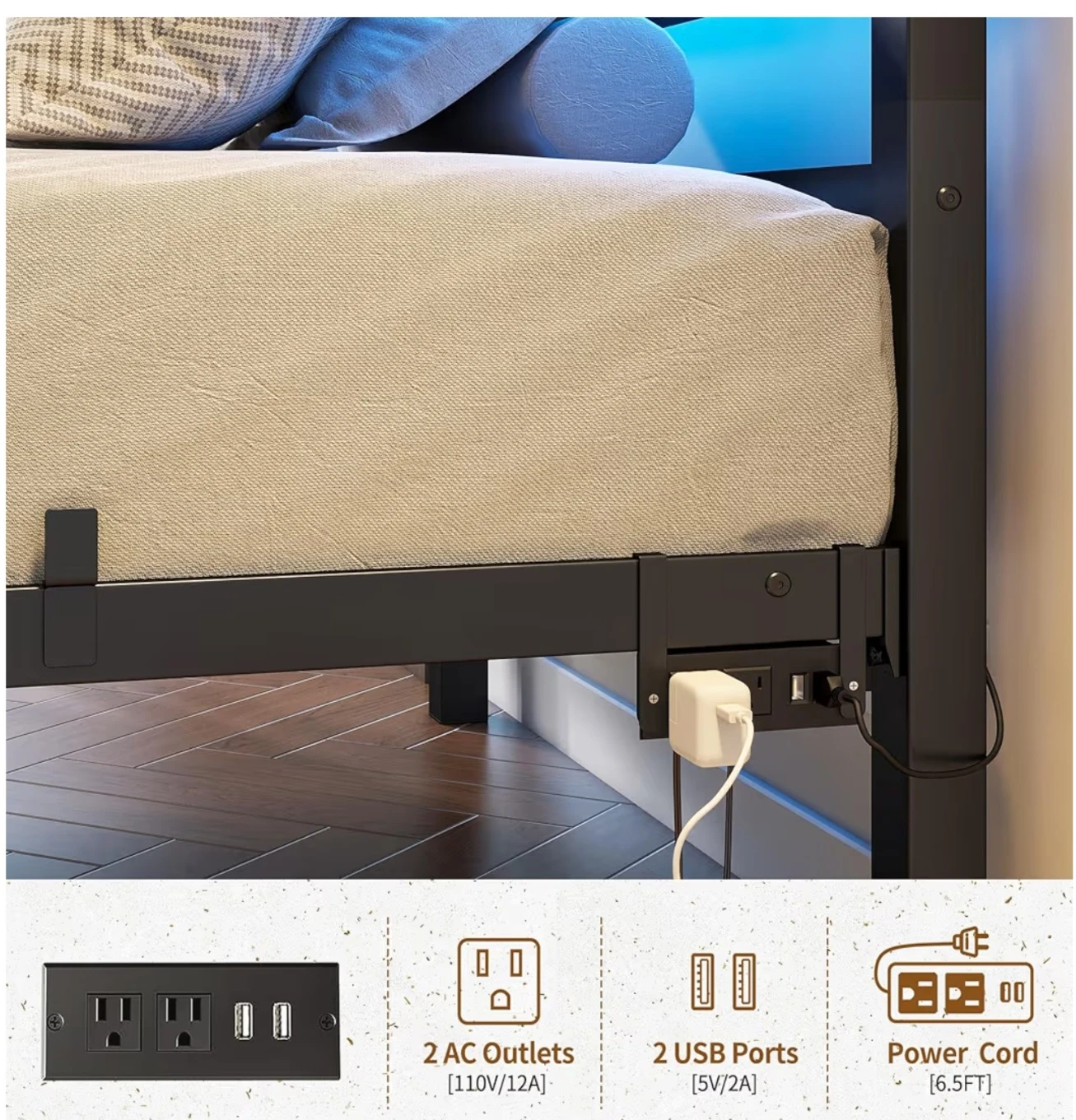 Twin Bed Frame with USB Ports and LED Lights - photo 2