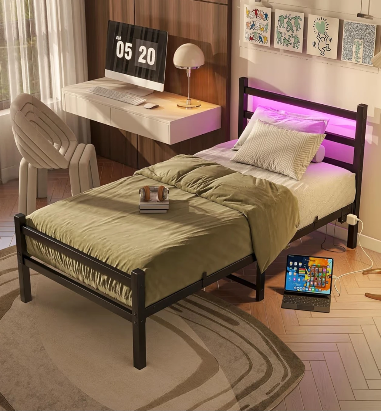 Twin Bed Frame with USB Ports and LED Lights - photo 3