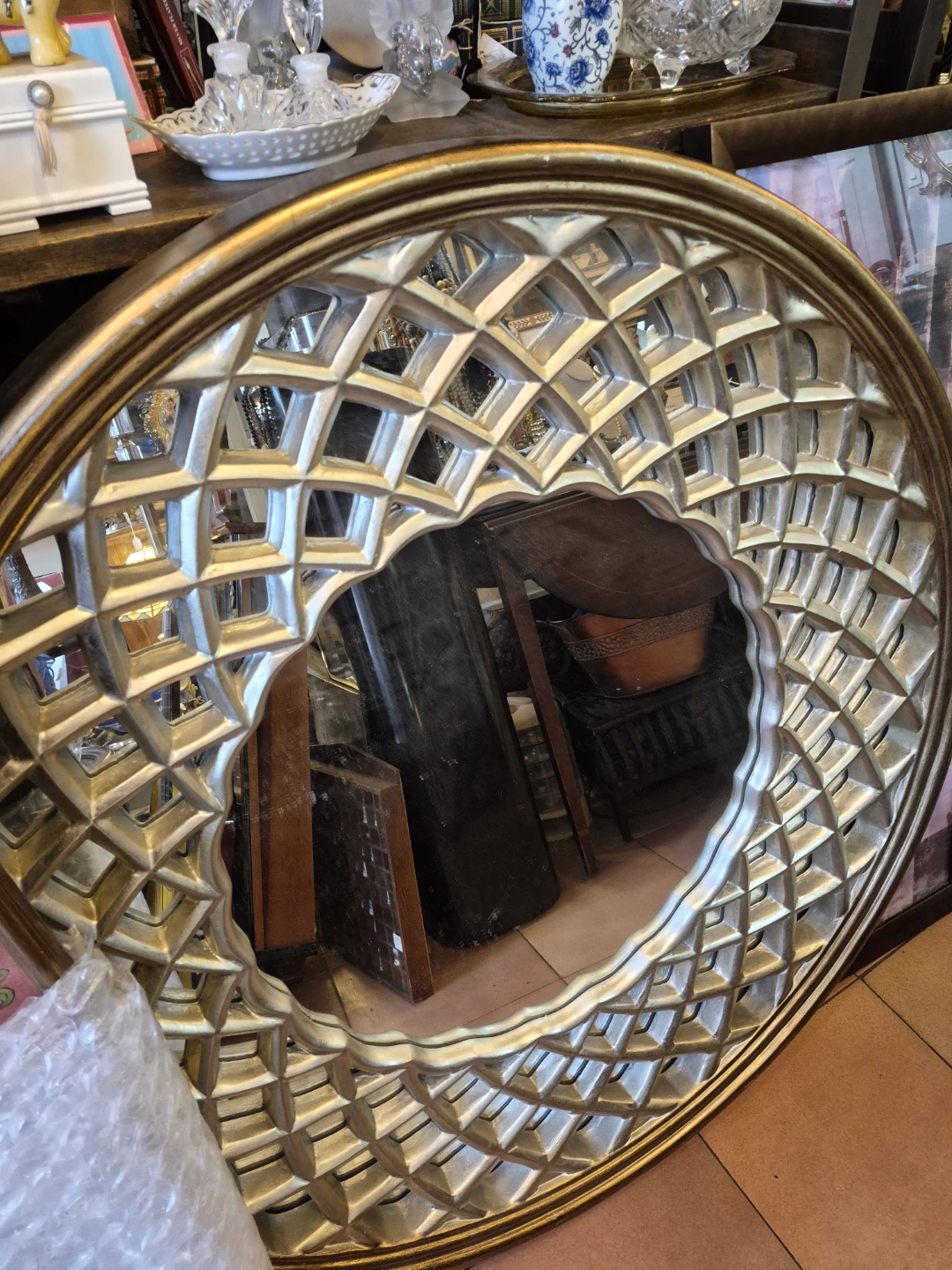 Ornate Gold and Silver Diamond Pattern Mirror