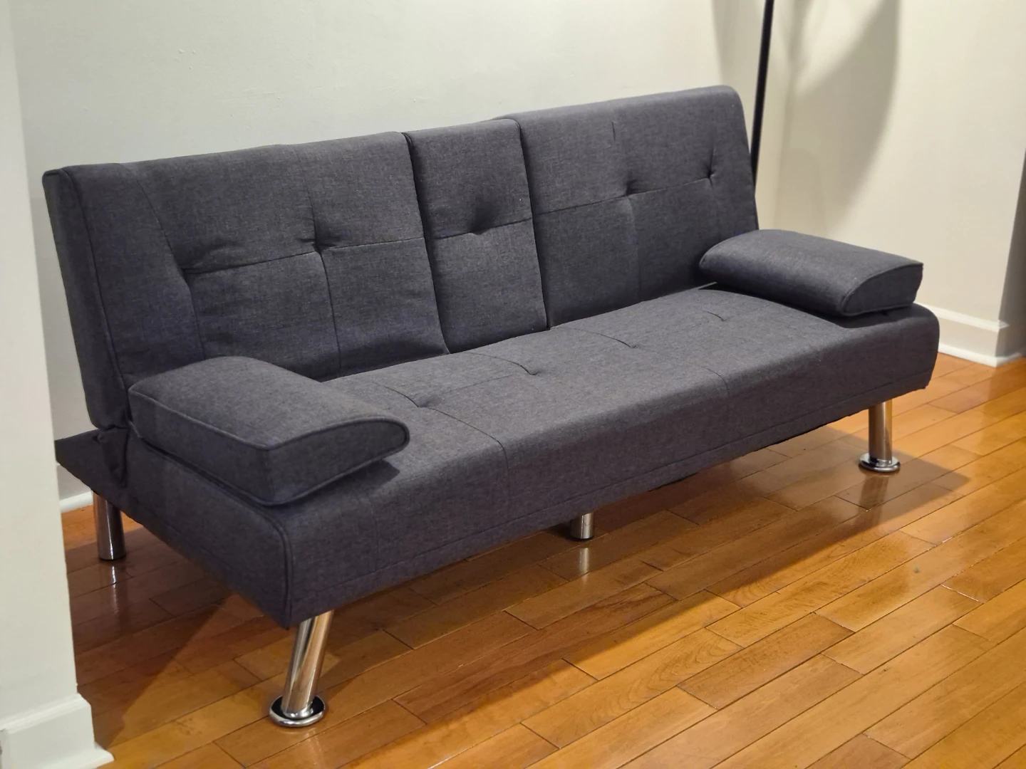 Dark Gray Futon Sofa with Cupholders