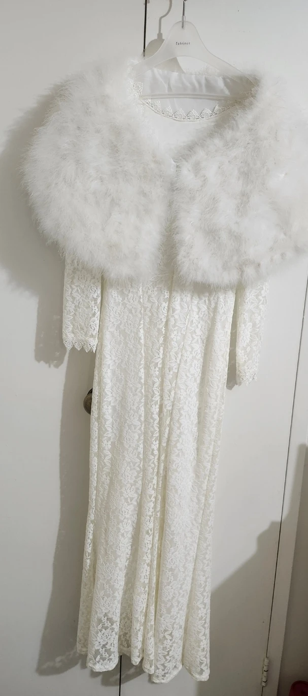 White Lace Maxi Dress with Feather Shawl