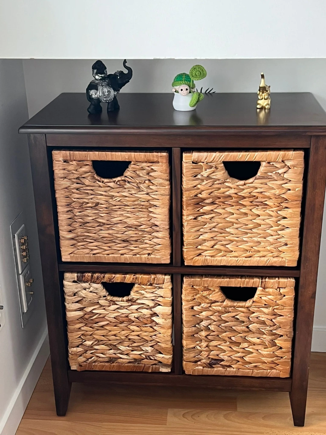 Dark Wood Storage Cabinet with 4 Woven Baskets