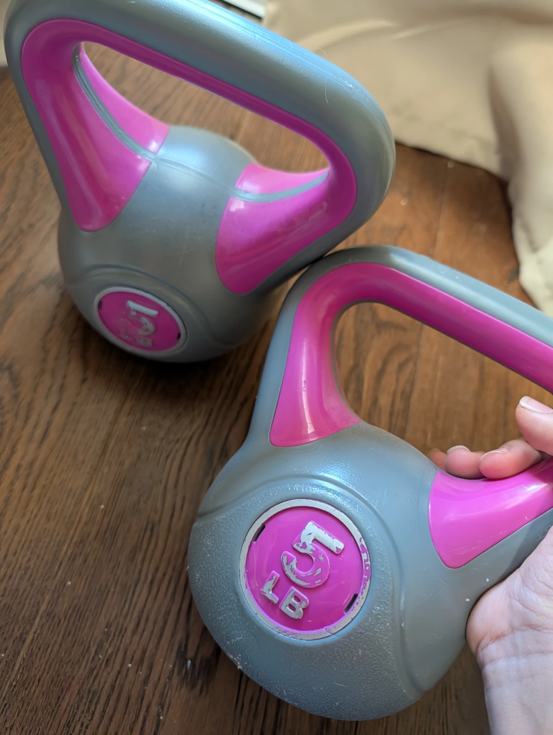 Set of 2 Grey & Pink 5lb Kettlebells - photo 2