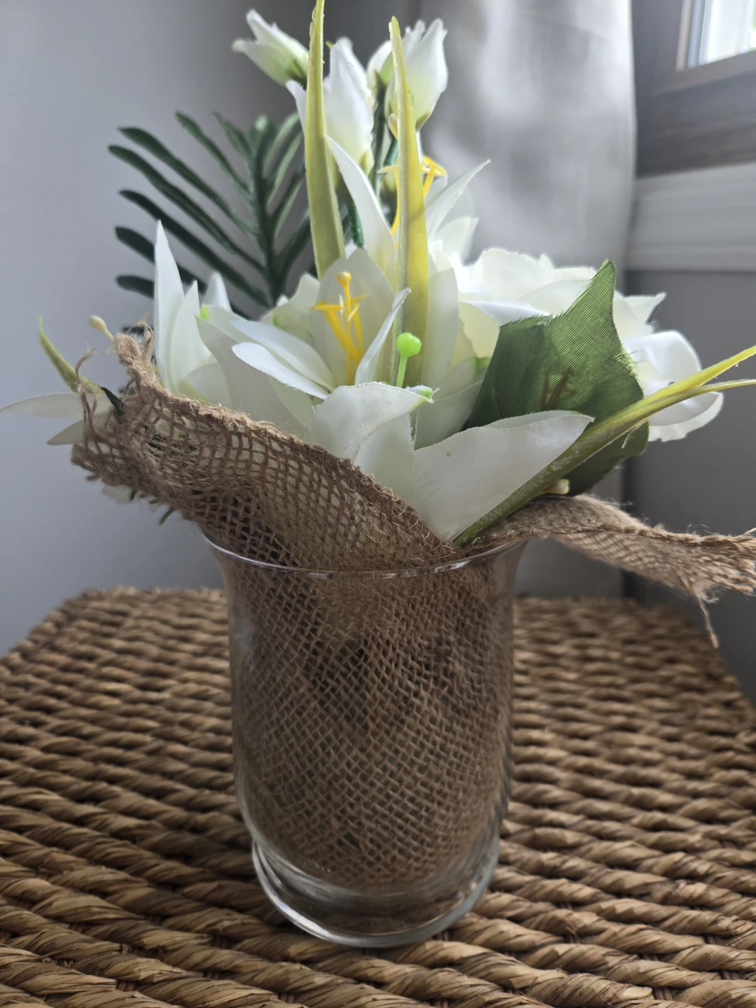 White Artificial Flower Arrangement in Glass Vase