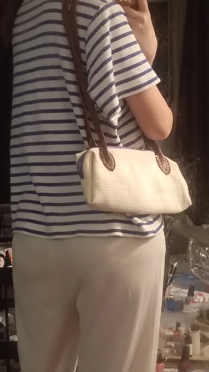 Cream Woven Shoulder Bag with Brown Straps