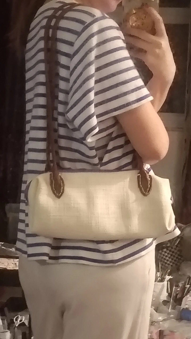 Cream Woven Shoulder Bag with Brown Straps - photo 2