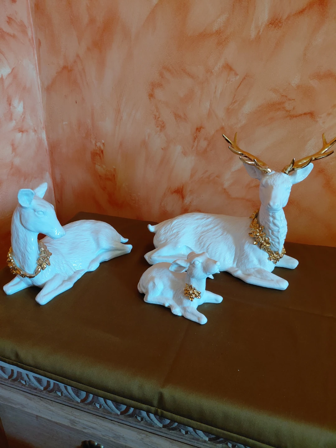 Set of 3 White Ceramic Deer Figurines with Gold Accents