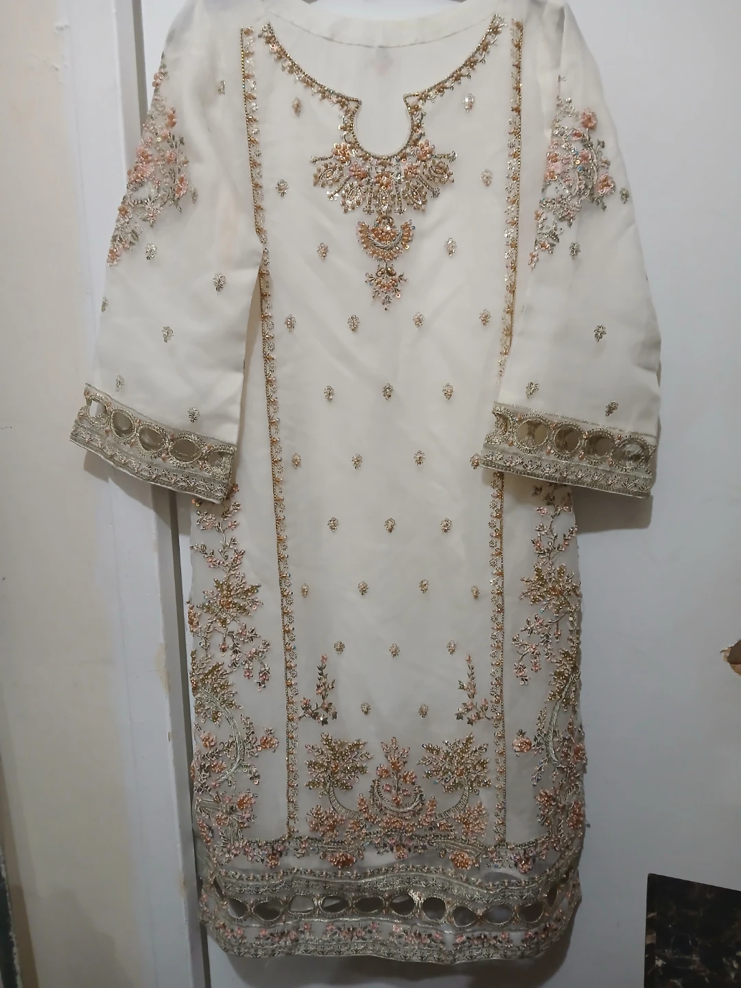 White & Gold Embroidered Kameez Lehenga with Dupatta