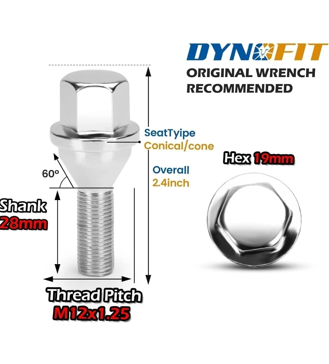 Dynofit 12x1.25 Lug Bolts 20pc Chrome 19mm Hex 28mm Shank Jeep - photo 4