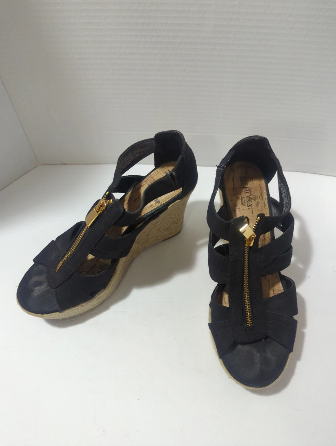 Merona Black Wedge Sandals with Gold Zippers