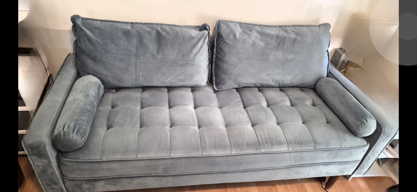Blue/green Velvet Tufted Sofa with Bolster Pillows