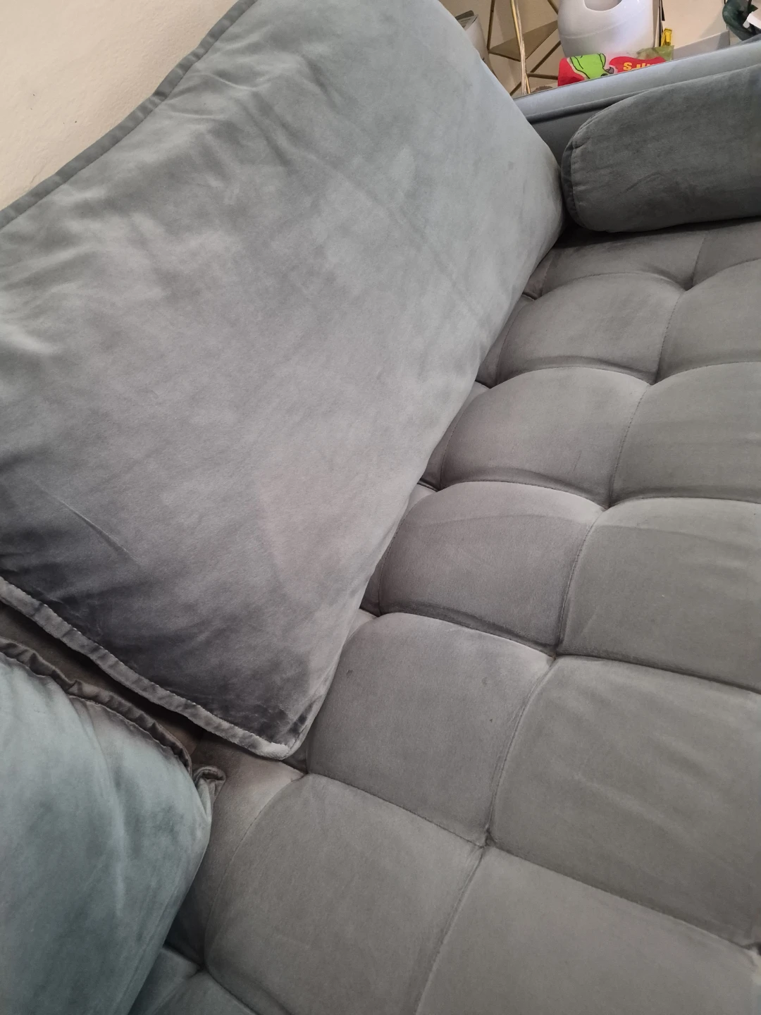 Blue/green Velvet Tufted Sofa with Bolster Pillows - photo 4
