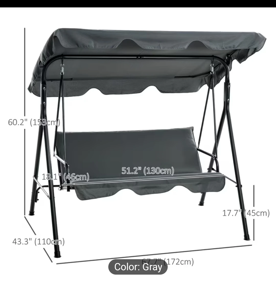 3-Seater Patio Swing with Canopy - Grey - photo 2