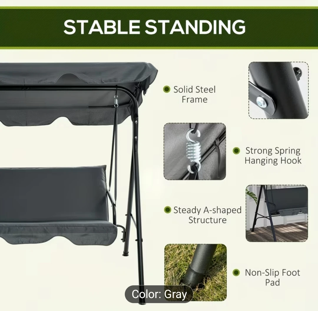 3-Seater Patio Swing with Canopy - Grey - photo 4
