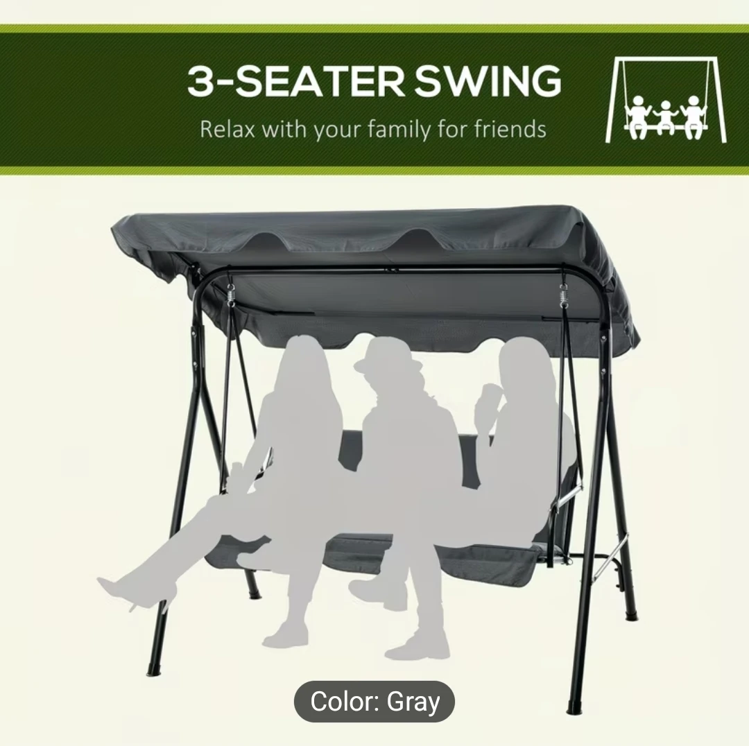 3-Seater Patio Swing with Canopy - Grey - photo 5