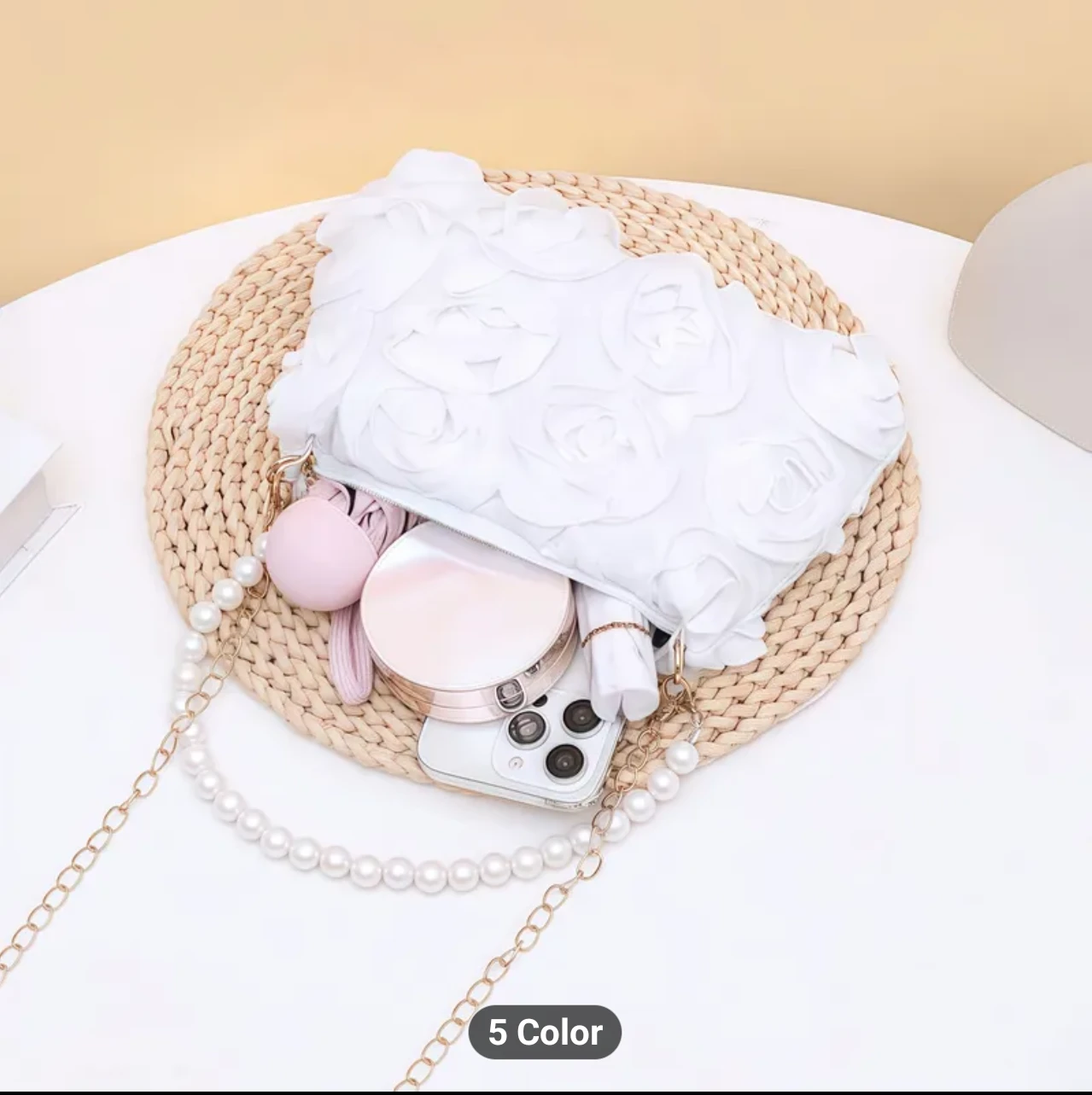 White Floral Clutch with Pearl Strap - photo 3