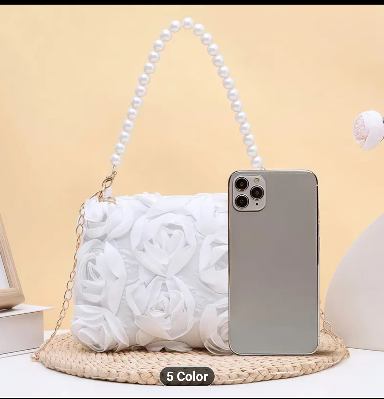 White Floral Clutch with Pearl Strap - photo 5