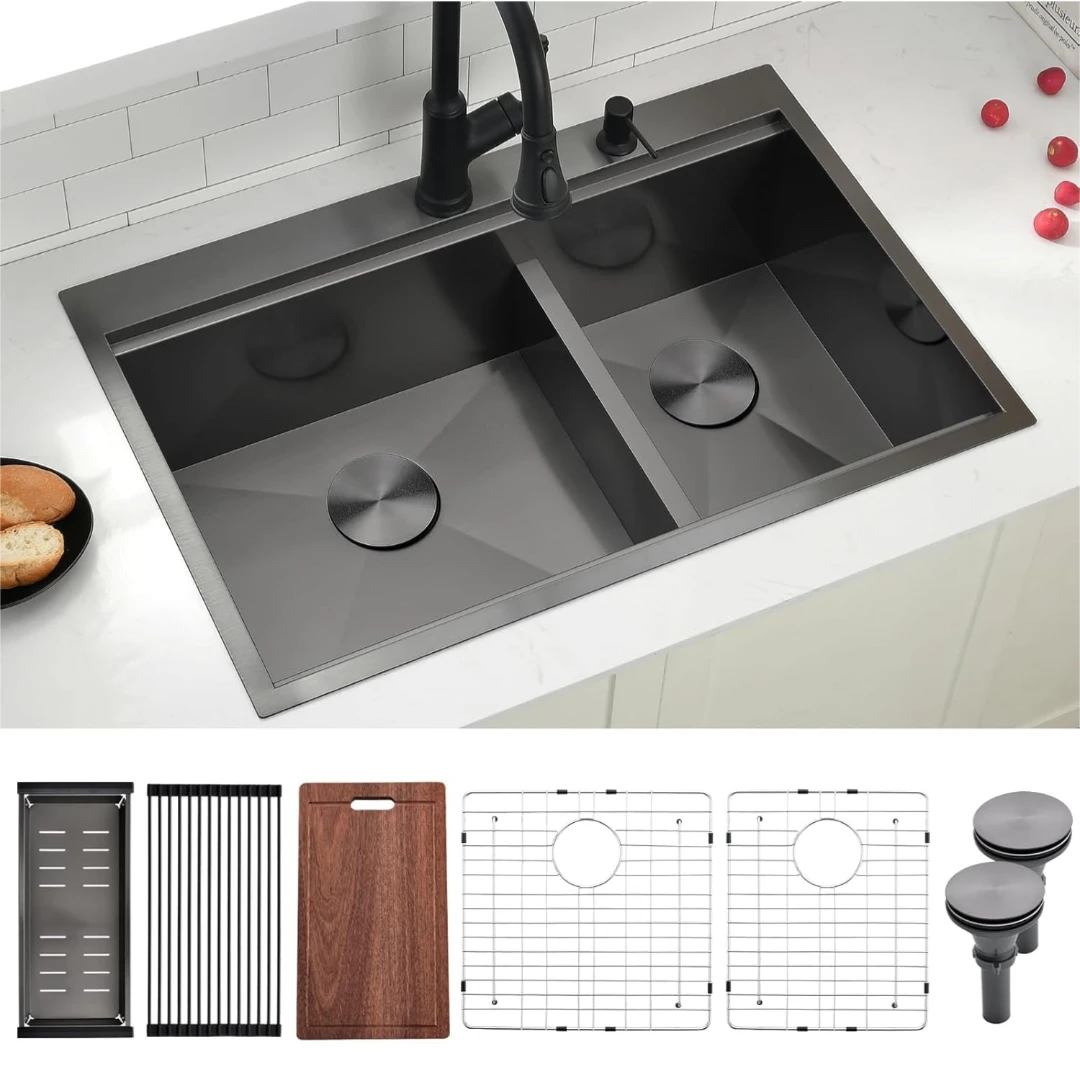 33x22 Black Drop in Double Bowl Kitchen Sink, Topmount