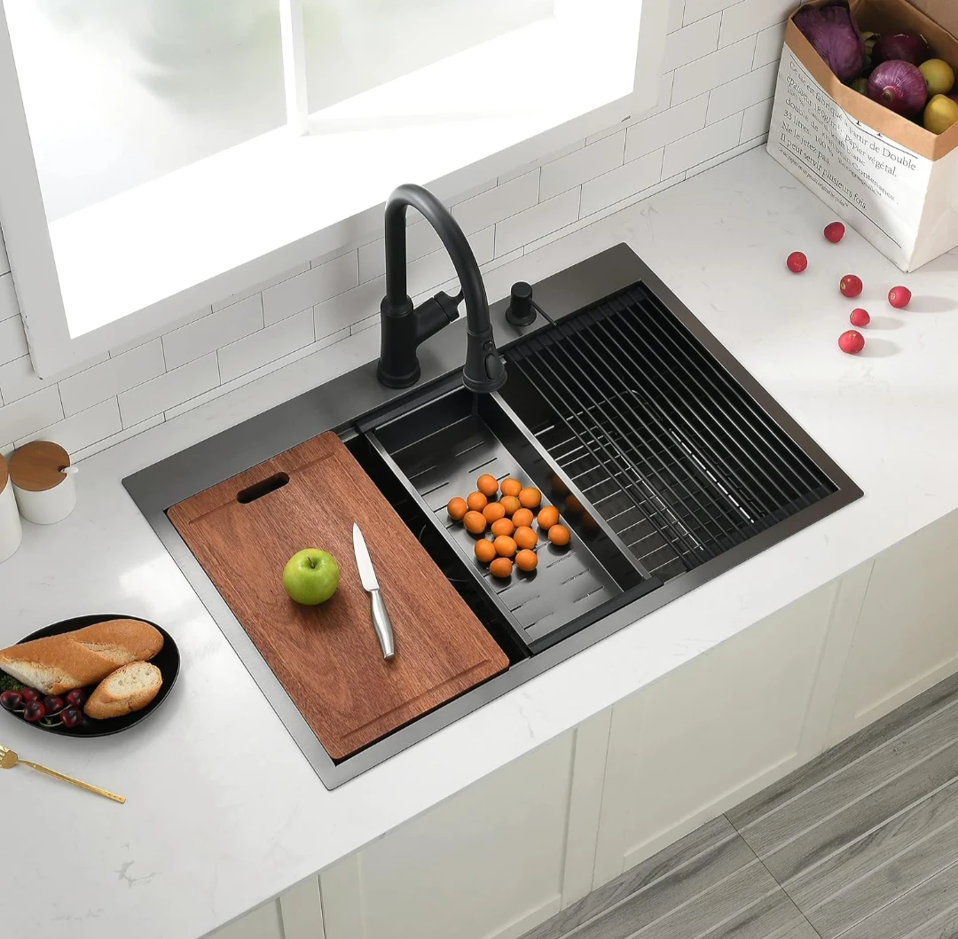 33x22 Black Drop in Double Bowl Kitchen Sink, Topmount - photo 2