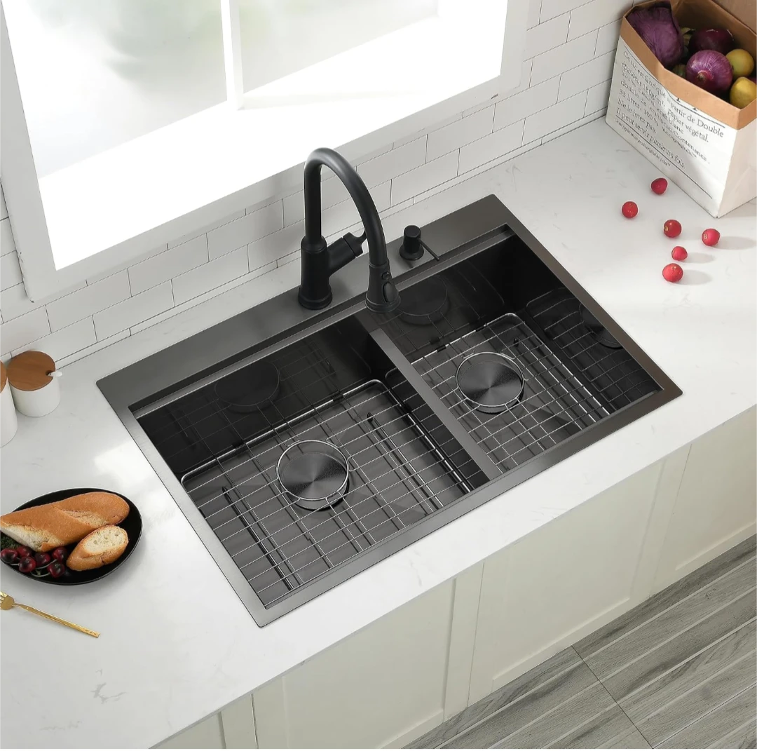 33x22 Black Drop in Double Bowl Kitchen Sink, Topmount - photo 3